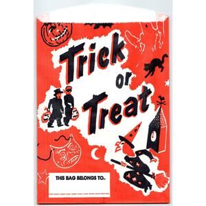 Vintage Halloween Paper Trick or Treat Bag 7x10.5in Retro Witch Black Cat Mask